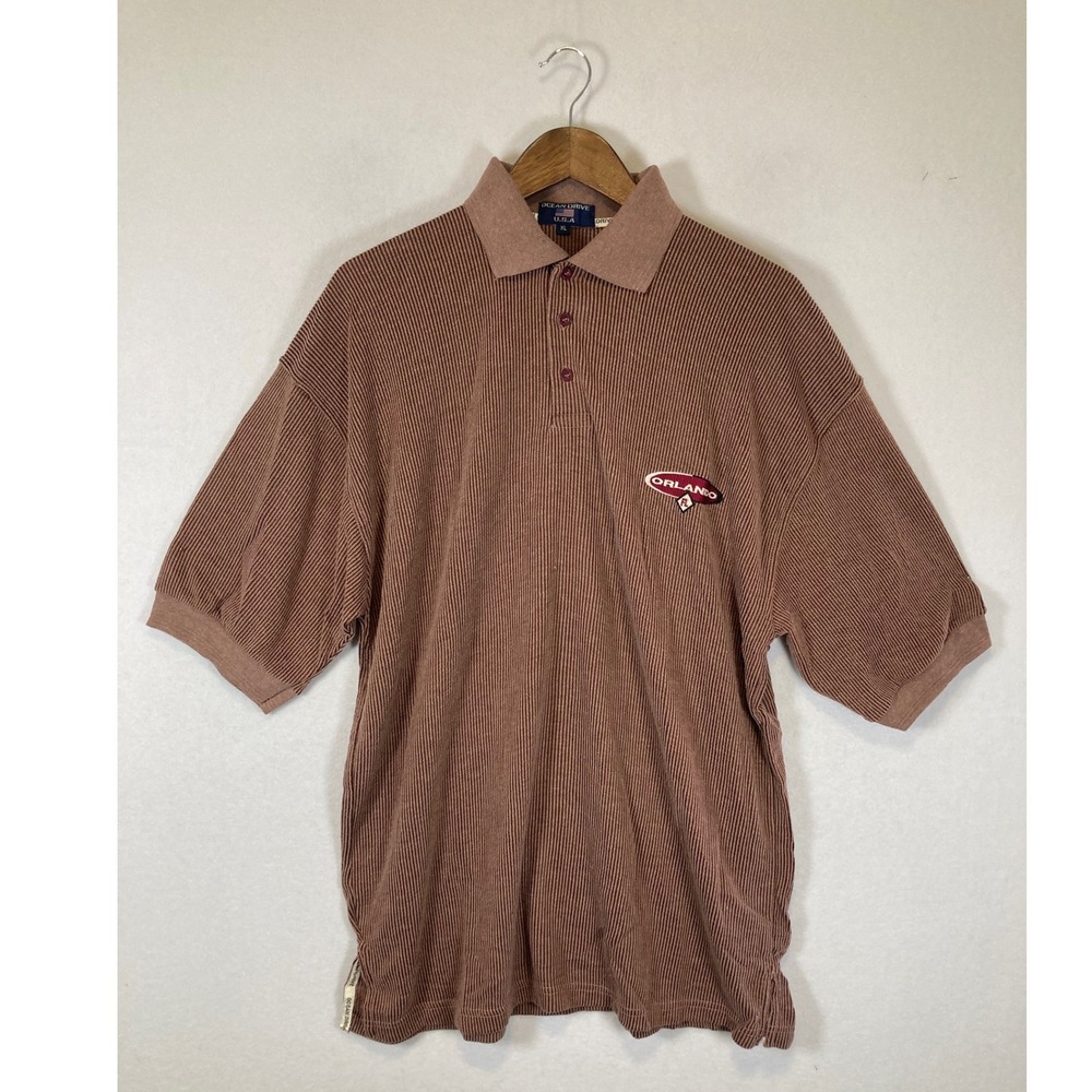 Retro Ocean Drive Mens XL Brown Ribbed Orlando Florida Short Sleeve Polo‎ Shirt